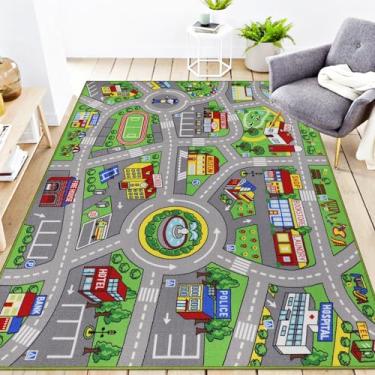 Imagem de Tapete infantil 1,80 m x 1,50 m tapete de área de vida urbana carro mapa da cidade lavável trânsito estrada educacional tapete de berçário para crianças sala de estar, quarto, sala de aula, decoração