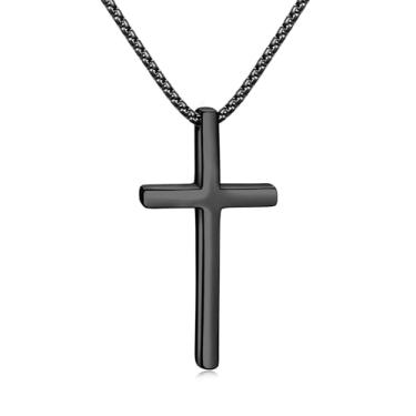 Imagem de Colar masculino Fiusem com cruz para presente de Dia dos Pais, prata/ouro/preto, com corrente de cruz de 2,5 mm e pingente de cruz de aço inoxidável, corrente de caixa de 40 a 61 cm, 18.0 Inches, Aço