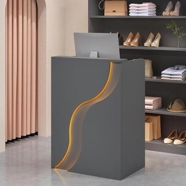 Imagem de Mesa de recepção moderna com balcão, mesa de recepção com luzes LED, balcão de recepção de varejo com gavetas, mesa de boas-vindas moderna para saguão, escritório, salão de beleza, cinza, 60 cm