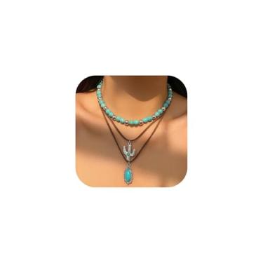 Imagem de CSIYANJRY99 Colares ocidentais em camadas para mulheres, vintage, turquesa, miçangas, joias ocidentais para mulheres, corrente cruzada, cacto com cabeça de boi, colares de corrente cruzada, concerto,