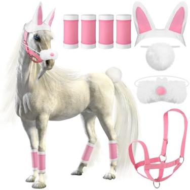 Imagem de 8 peças de fantasias de Páscoa para orelhas de coelho de cavalo faixa de cabeça única selas envoltórios de perna de cavalo cauda de pelúcia de coelho para acessórios de fantasia de cavalo de Páscoa