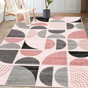 Imagem de MUJOO Tapete rosa boho lavável, tapetes de área 7,5 x 12,7 cm para quarto, entrada, sala de estar, cabeceira, tapete antiderrapante, macio, moderno, abstrato, rosa e cinza