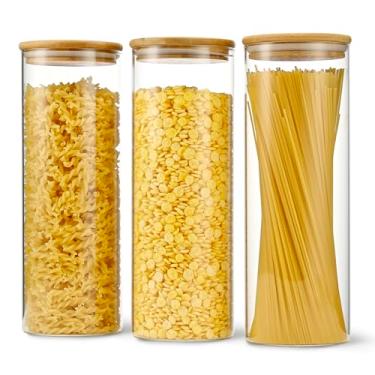 Imagem de D2scrma Frascos de armazenamento herméticos cilíndricos retos de 70 onças com tampa de bambu, conjunto de 3 potes de vidro para armazenamento, recipiente de cozinha para macarrão, macarrão e