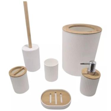 Imagem de Kit 6 Peças De Acessórios Para Banheiro Lixeira Porta Escova De Dente Saboneteira Copo Escova Sanitária Plástico Com Bambu (Branco)