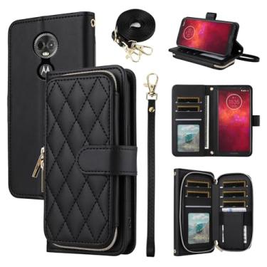 Imagem de Furiet Argyle Capa carteira para Moto Z3 / Z3 Play com alça de ombro, 9+ compartimentos para cartões, bolsa com zíper, luxuosa, couro PU, capa para celular Motorola MotoZ3 Z 3 3Z Z3play, preta