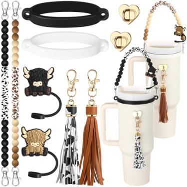 Imagem de Tondiamo Conjunto de 10 acessórios de copo de silicone compatível com Stanley Cup inclui 2 tiras de silicone com contas de garrafa, 2 pingentes de borla de couro, 2 capas de palha, 2 anéis de borracha