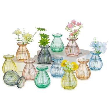 Imagem de Hewory Vasos pequenos para centros de mesa: 12 peças de vaso colorido de vidro para flores - Mini vasos com nervuras para decoração de eventos de chá de panela de casamento de bebê