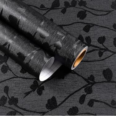 Imagem de EaseStick Papel de parede preto texturizado preto para armários papel de parede removível com folhas em relevo 39,9 x 406,4 cm vintage autoadesivo de parede escura para quarto, banheiro, cozinha