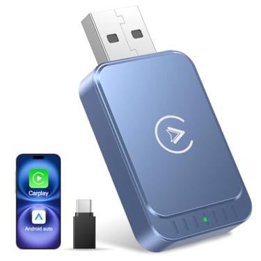 Imagem de AuroraLink Adaptador automotivo sem fio Carplay e Android 2 em 1 rápido e estável Carplay adaptador sem fio converte com fio para dongle de reprodução de carro sem fio para iOS 10+/Android 11+ (azul)