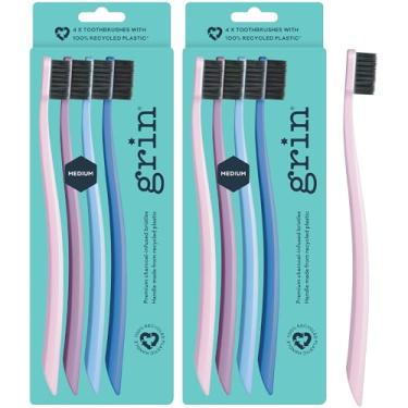 Imagem de Grin Escova de dentes 100% reciclada com infusão de carvão, média, 4 unidades (pacote com 2), roxa, adequada para dentes sensíveis e gengivas
