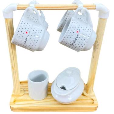 Imagem de kit café 7 pçs - Porcelana poá preto com Suporte pinus - Antilope Deco
