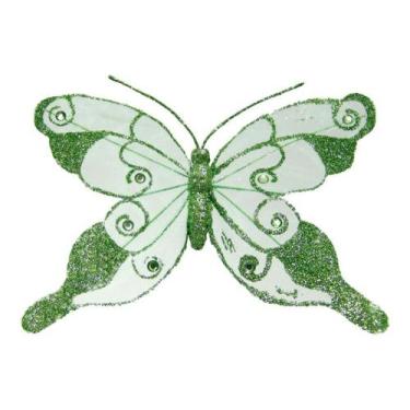 Imagem de Enfeite Borboleta kit com 6 pçs de 18,5cm Verde c/Glitter com Presilha