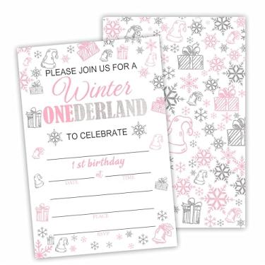 Imagem de Cartões de convite de festa de aniversário de Natal de 10 x 15 cm com envelopes - Junte-se a nós para um Onederland de inverno - Convites do país das maravilhas de inverno para bebês de 1º aniversário