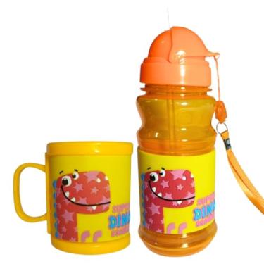 Imagem de Kit Escolar Caneca E Garrafa Infantil Plástica 3d Alto Relevo Dinossauro (Amarelo)