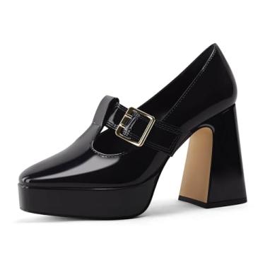 Imagem de Coutgo Sapato social feminino plataforma Mary Jane tira T salto alto grosso fivela negócios casual, A - Preto, 37