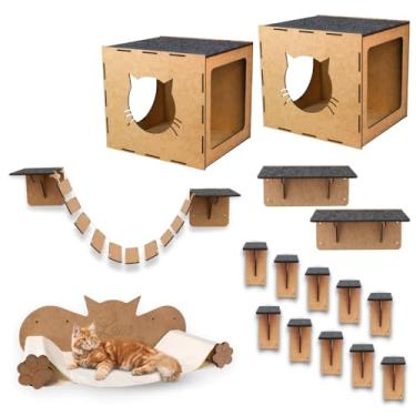 Imagem de MondoBox Kit 16 Peças Playground para Gatos em Mdf 4mm, Nichos, Prateleiras, Ponte, Degraus Escadinha e Rede de Descanso para Diversão e Conforto Felino