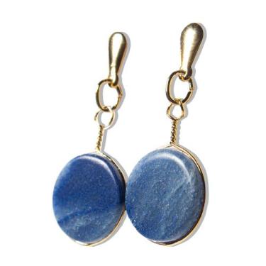 Imagem de Brinco Disco Pedra Quartzo Azul Tarracha Dourado - CristaisdeCurvelo