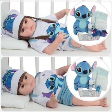 Imagem de Boneco Bebê Reborn Gêmeos Casal Corpo de Vinil Roupa Stitch - Cegonha 