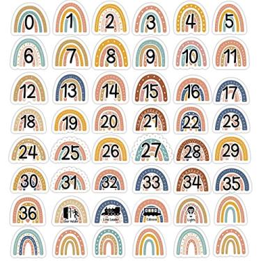 Imagem de 48 peças adesivos boho arco-íris números decorações de sala de aula coloridos mini pontos marcadores de pontos adesivos boho etiquetas de sala de aula recortes para decoração de piso de escola primária pré-escolar