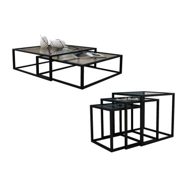 Imagem de Kit Industrial Duo Mesa De Centro Catarina 35x135 E Trio De Mesa Lateral Isabela Tampo Vidro - Preto