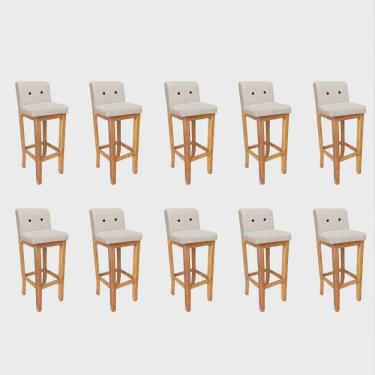 Imagem de Kit 10 Banqueta Alta Com Encosto Aila Balcão Bistrô Base Madeira Maciça Sintético Bege Botão Preto - Ahz Móveis