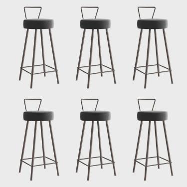 Imagem de Kit 06 Banqueta Alta Com Encosto Tais Eiffel Cozinha Bar Bistrô Ferro Marrom Corino Cinza - Ahz Móveis