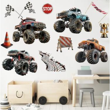 Imagem de Runtoo Adesivos de parede de caminhão monstro grande para meninos carros de corrida adesivos de parede para quarto de crianças sala de jogos decoração de parede