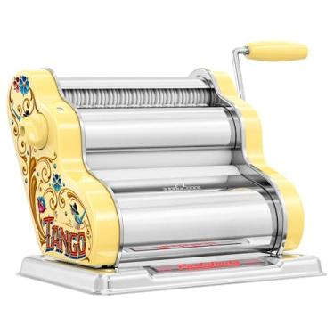 Imagem de PASTALINDA Máquina clássica de 200 massas, rolos de 20 cm de largura, 9 posições de espessura, 2 posições de corte, aço inoxidável. Inclui manivela de mão reforçada e dois grampos