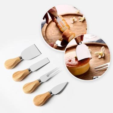 Imagem de Conjunto Kit Para Queijos, Frios e Petistos Elegante Corte e Serviço 4 Peças Com Cabo De Madeira Garfos e Facas em Inox, Cortar Fatiar