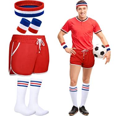 Imagem de Jeere 6 peças de fantasia masculina dos anos 80, conjunto de roupa de treino, shorts listrados, faixa de suor, meias para faixa de cabeça, Vermelho, XXG