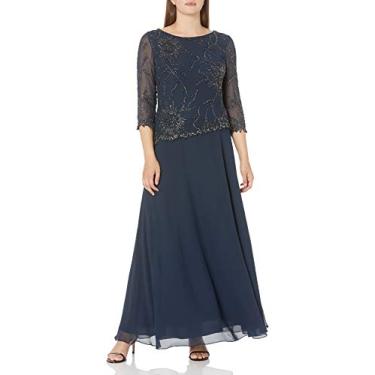 Imagem de J Kara Vestido longo feminino plus size com gola redonda e manga 3/4 com contas, Azul marinho/sombreado/mercúrio, 50