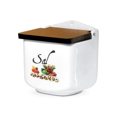 Imagem de Saleiro de Cerâmica Branco Decorado e Tampa de Madeira - Cerâmica Regi