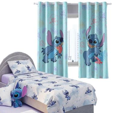 Imagem de Kit Quarto Infantil Stitch Cortina + Jogo de Cama 100% Algodão 3 Peças Solteiro Personagens