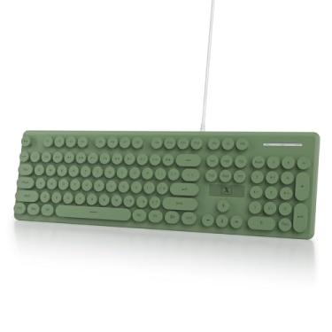 Imagem de Ussixchare Teclado de computador com fio de tamanho completo, teclado de máquina de escrever silencioso com teclas redondas retrô, retroiluminado por LED, membrana, 104 teclas para PC, laptop (verde