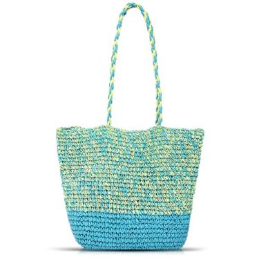 Imagem de QTKJ Sacola, bolsa de ombro de praia de palha para mulheres, férias, viagens, uso diário, grande capacidade (azul), Azul, One Size