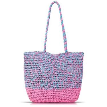 Imagem de QTKJ Sacola, bolsa de ombro de praia de palha para mulheres, férias, viagens, uso diário, grande capacidade (rosa), rosa, One Size