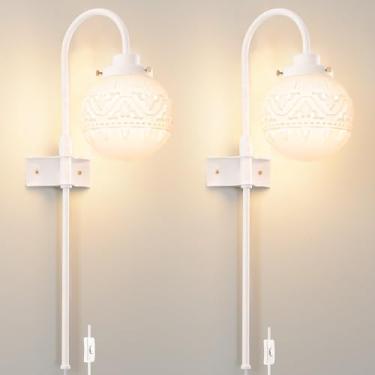 Imagem de Daunton Conjunto De 2 Arandelas Parede Vintage Brancas Com Globo Vidro Leitoso - Luzes Cabeceira Ajustáveis Para Quarto E Corredor, Luz Leitura Montada Interruptor Liga/Desliga