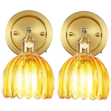 Imagem de FILIMITIY Conjunto De 2 Arandelas Parede Vintage, Luminárias Latão Ajustáveis Em 180 Graus Com Abajur Vidro Tulipa Âmbar, Iluminação Moderna Hradwired Para Cabeceira, Quarto E Banheiro