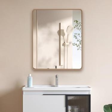 Imagem de miroro Espelho emoldurado de metal dourado de 61 x 81 cm para parede, espelho retangular grande arredondado, antiferrugem, vidro temperado, pendurado horizontal ou verticalmente