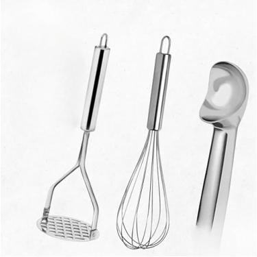 Imagem de KIT 3 Peças Amassador de Batata Batedor de Claras Fuê e Colher de Sorvete Alumínio Casa Cozinha(KIT 3)