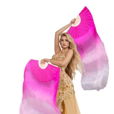 Imagem de Leemiman Par de véus profissionais para fãs de dança do ventre (esquerda + direita), véus de leque de seda sintética de 180 x 90 cm para apresentações de dança oriental (branco rosa)