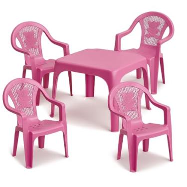 Imagem de Conjunto Infantil com Mesa e 4 Cadeiras, Plástico Rosa, Poltrona com Braços