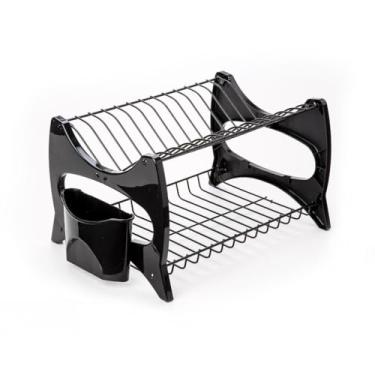 Imagem de Escorredor De Louças Duplo Preto 13 Pratos C/Porta Talheres Não enferruja