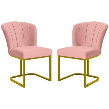 Imagem de Kit 2 Cadeiras Poltrona Flor Pés Metal Dourado Mesa Quarto Cozinha Rosa