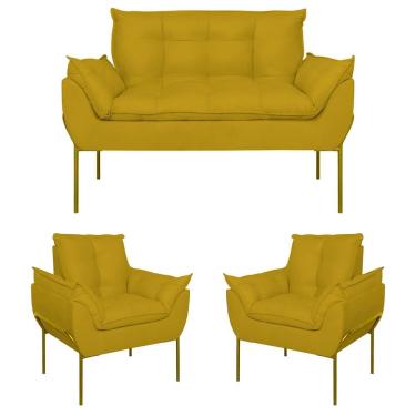 Imagem de Kit 2 Poltronas + Namoradeira Pé Metal Dourado Recepção Sala Amarelo