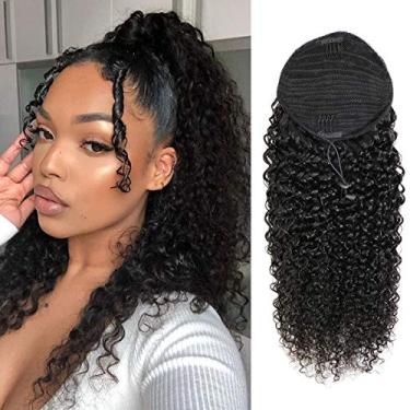 Imagem de Cabelo humano encaracolado rabo de cavalo com cordão 3C Remy cabelo humano brasileiro cor natural afro crespo peça de cabelo cacheado peças de cabelo Remy peças de cabelo para mulheres (45,72 cm, encaracolado)