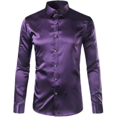 Imagem de Camisas Masculinas De Cetim Brilhante De Seda Como Camisas Sociais Casual Dance Party Camisa De Smoking De Manga Comprida, Dark Purple, XL