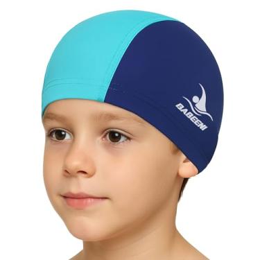 Imagem de Touca de natação de tecido infantil - touca de natação azul tamanho único, touca de natação de tecido para cabelos longos e curtos para meninos, leve e confortável, perfeita para piscina, praia,