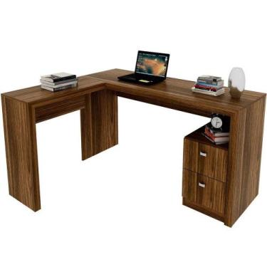 Imagem de Mesa De Canto Para Escritório Em L Angular Com 2 Gavetas Nogal - TECNO