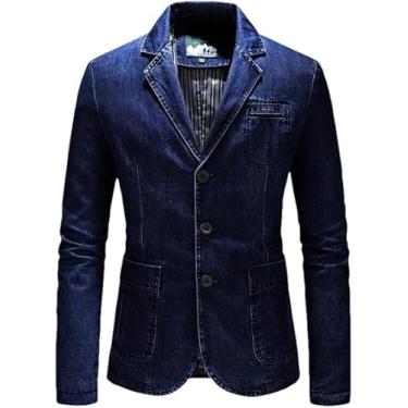 Imagem de Outono Inverno Homens Jeans Jaqueta Blazers Algodão Terno Casual Outerwear Casaco Azul Blazer Jeans, Deep Blue, XL